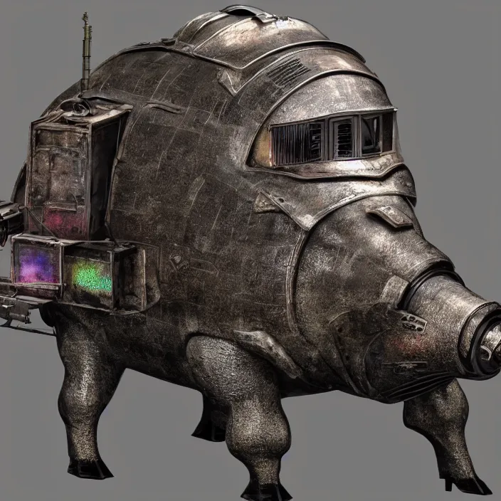 Prompt: armored pig with bazooka, photorealism by h. r. giger, tim burton, full colour spectrum, iridescent specular highlights, supersampled, 8 k, beautify