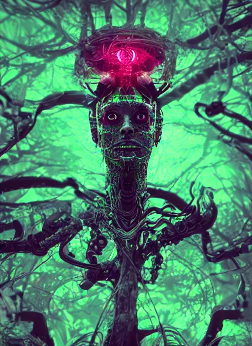 Image similar to a small psychedelic surreal horror cyborg in the chaotic spirit forest, fulcolor octane render, cinematic, ultra - realistic