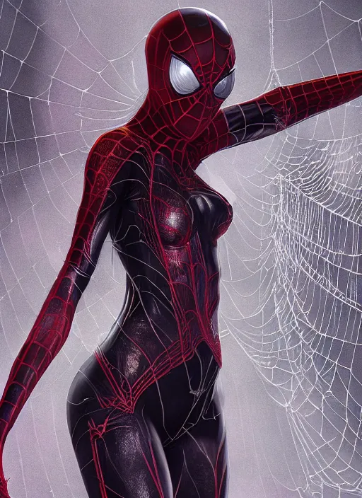 Prompt: spiderwoman covered with spider webs, hyper detailed, digital art, trending in artstation, cinematic lighting, studio quality, smooth render, unreal engine 5 rendered, octane rendered, art style by klimt and nixeu and ian sprigger and wlop and krenz cushart