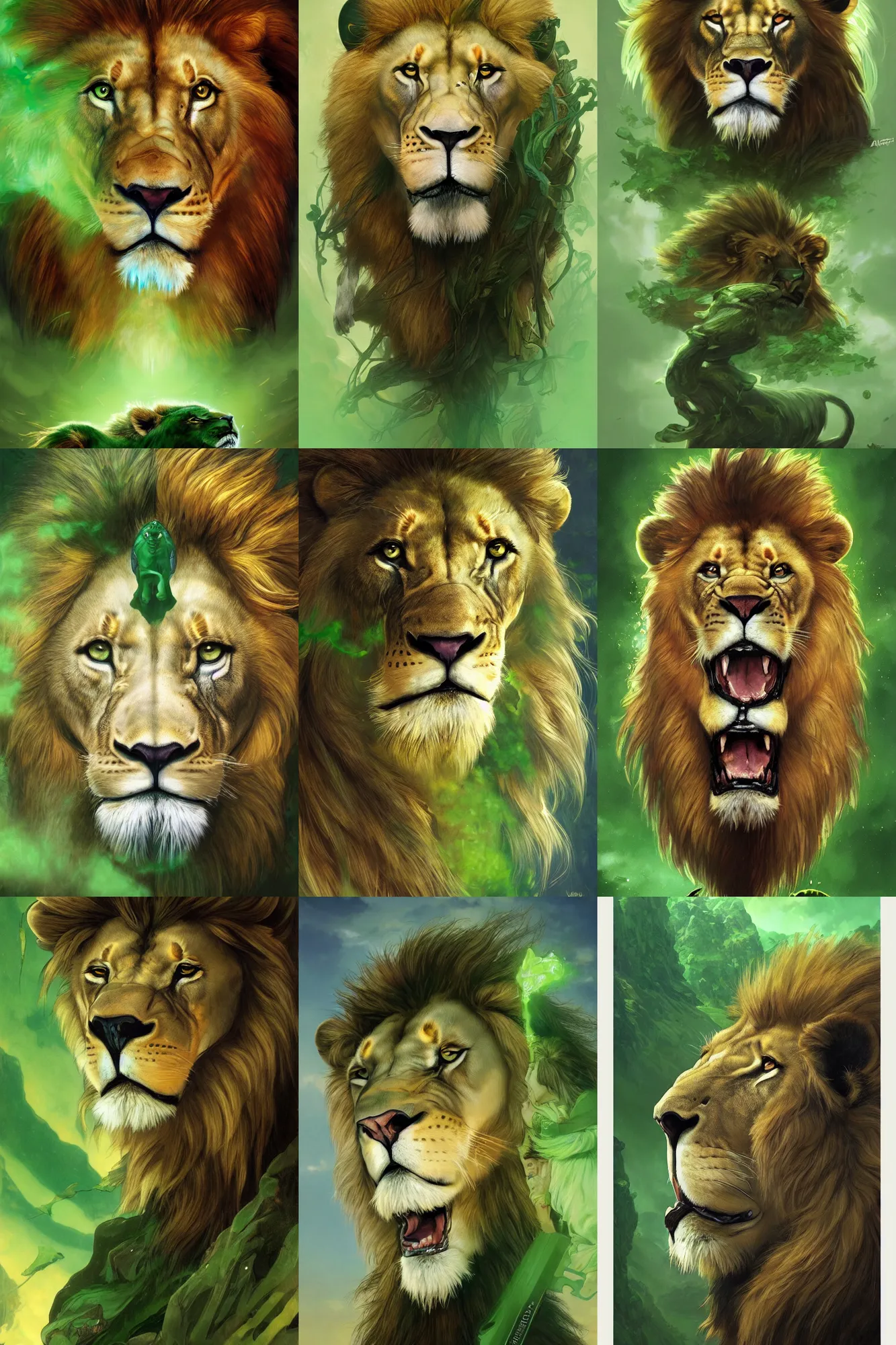 Prompt: ultra realistic illustration, medium shot fantasy lion face against a green back for chroma key by artgerm and greg rutkowski and alphonse mucha, medium shot, long shot, constant green background, trending on artstation