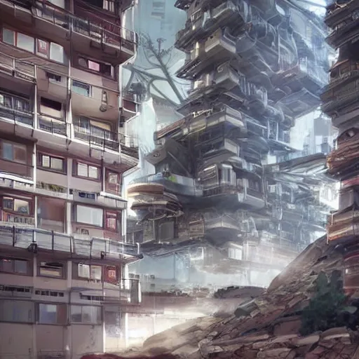 Prompt: people living inside giant robots look like apartment buildings, robots move on tank tracks, sci fi, anime