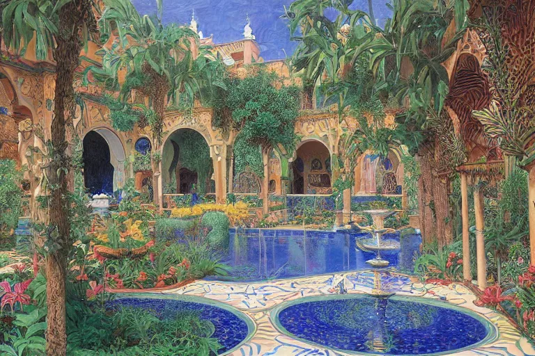 Image similar to painting of a beautiful moorish palace courtyard garden, by donato giancola and maxfield parrish and evelyn de morgan, patterned tilework, palm trees, tiled fountains, extremely detailed, cinematic lighting, smooth sharp focus