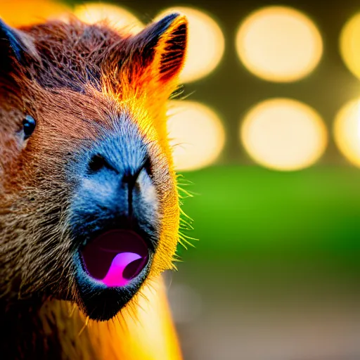 Image similar to cute capybara eating a neon nvidia gpu, chewing on a video card, cooling fans, cyberpunk, wildlife photography, bokeh, golden hour, sharp focus, 3 5 mm, taken by sony a 7 r, 4 k, award winning