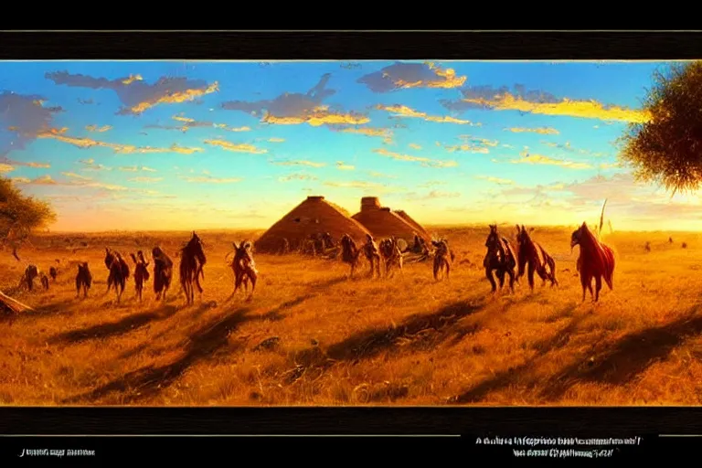 Prompt: a native american village, sunset, prairie, cowboys approaching in the distance, cinematic, 4 k, detailed, by john berkey!!!!!! and peter jackson and ridley scott and beeple!!! and greg rutowski