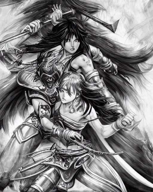 Image similar to Two female warriors fighting, black and white, highly detailed face, close-up, fantasy art, fighting art, in the style of masami kurumada, illustration, epic, fantasy, intricate, hyper detailed, artstation, concept art, smooth, sharp focus, ray tracing