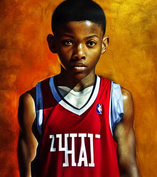Image similar to portrait of a boy at a basketball court playing basketball wearing a basketball jersey in a basketball court standing near the basketball hoop, intense emotion, detailed facial expression, detailed surroundings, intricate, elegant, highly detailed, centered, digital painting, artstation, concept art, smooth, sharp focus, illustration, by (Leonardo da Vinci), WLOP