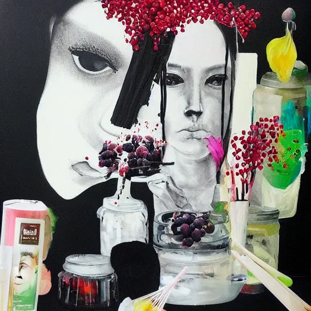 Image similar to “ a portrait in a female art student ’ s apartment, sensual, a pig theme, art supplies, paint tubes, ikebana, herbs, a candle dripping white wax, black walls, squashed berries, berry juice drips, acrylic and spray paint and oilstick on canvas, surrealism, neoexpressionism ”