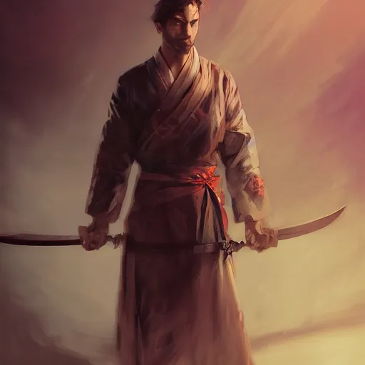 Image similar to a photorealistic dramatic fantasy render of a handsome man carrying a rough heavy sword drippig with blood and clasical japanese kimono by wlop, artgerm, greg rutkowski, alphonse mucha, beautiful dynamic dramatic dark moody lighting, shadows, cinematic atmosphere, artstation, concept design art, octane render, 8 k