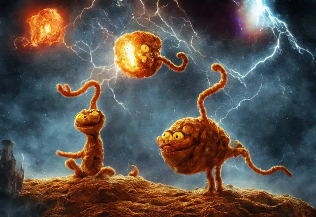 Image similar to eldritch horror bloody garfield in space, hd, 8 k, giant, epic, realistic photo, unreal engine, prophecy, powerful, cinematic lighting, destroyed planet, debris, violent, sinister, ray tracing, dynamic, epic composition, dark, horrific, teeth, grotesque, monochrome drawing, hellscape, corpses, foreboding, lightning, garfield cartoon eyes