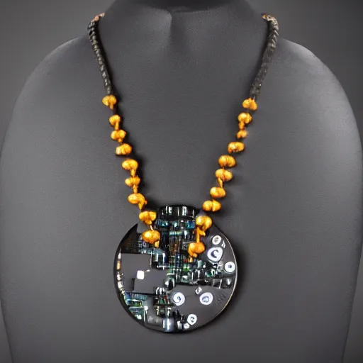 Image similar to a photo of a necklace with a speed controller and circuit boards hanging from it, jewelry, 4k