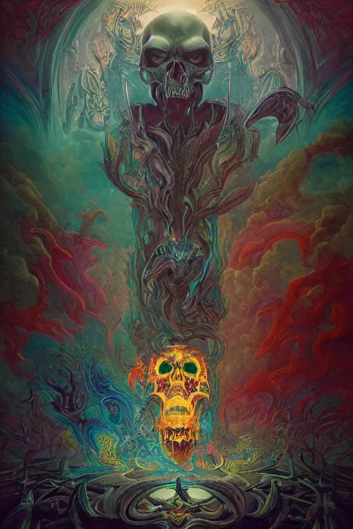 Prompt: gigantic psychedelic demonic skull lord of death and fire, fantasy painting, ultra realistic, wide angle, art nouveau, intricate details, rainbowshift, vivid colors, highly detailed by peter mohrbacher, h. r. giger, maxfield parrish, gaston bussiere, gustave dore, beksinski, craig mullins, octane render, cgi