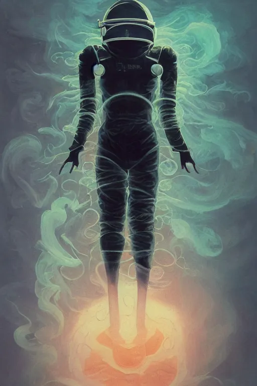 Prompt: close up shot of a full body floating woman in space suit smoke elemental fading into white smoke, high contrast, james gurney, peter mohrbacher, mike mignola, black paper, mandelbulb fractal, trending on artstation, exquisite detail perfect, large brush strokes, bold blacks and pinks and blues tones, intricate ink illustration, black background, vector artwork