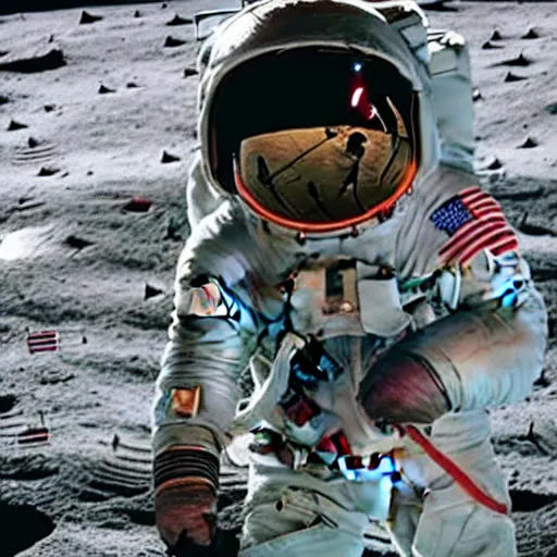 Prompt: new apollo mission footage shows the first person dabbing on the moon, moon landing, dab, full hd, captured on canon eos r 6