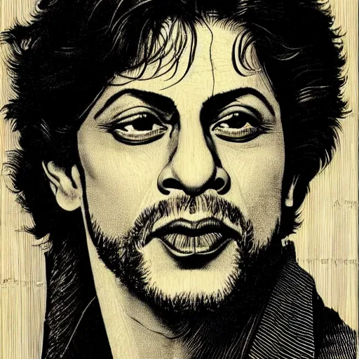 Image similar to A beautiful 19th century wood-engraving of Shah Rukh Khan, by Édouard Riou Jules Férat and Henri de Montaut, highly detailed, fine Art, high detail, masterpiece, illustration, clear eyes, trending on artstation