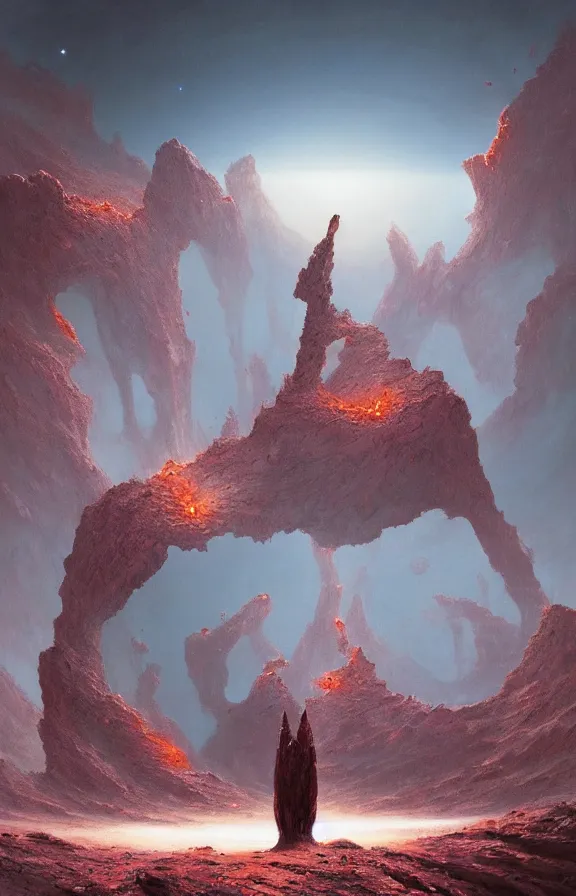 Image similar to ancient singular portal into godhood flickers omniously on a barren hellish exoplanet, philosophical concept illustrated by James Gurney and Zdislaw Beksinski and Dariusz Zawadski and Greg Rutkowski and Jeffrey Smith, dramatic lighting, ultra HD, HDR, 8k