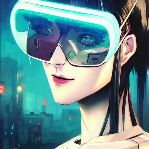 Image similar to a comic potrait of a cyberpunk cyborg girl with big and cute eyes, fine - face, realistic shaded perfect face, fine details. night setting. very anime style. realistic shaded lighting poster by ilya kuvshinov katsuhiro, magali villeneuve, artgerm, jeremy lipkin and michael garmash, rob rey and kentaro miura style, trending on art station