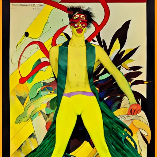 Image similar to art by joshua middleton, the yellow creeper, a tall manically smiling yellow - skinned man with green and black striped cycling shorts and wearing a long red feather boa, yellow makeup, mucha, kandinsky, poster, comic art, stylised design