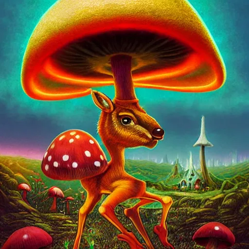 Image similar to 4 k headshot portrait of a psychedelic demonic anthropomorphic deer with mushroom themed clothes, magic mushroom village in background by jeff easley, award winning, stylized neon, post - processing, masterpiece, superb resolution. in the art style of junji ito and greg rutkowski. detailed mushroom city in background. hyper realistic anime. perfect art. dalle 2