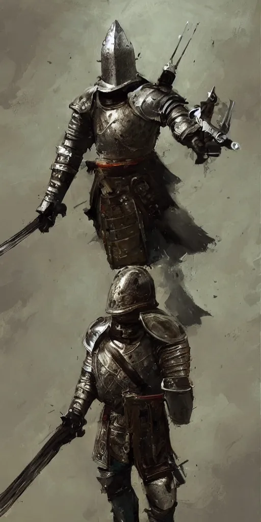 Prompt: A medieval knight holding a gun, painted by Craig Mullins, trending on ArtStation