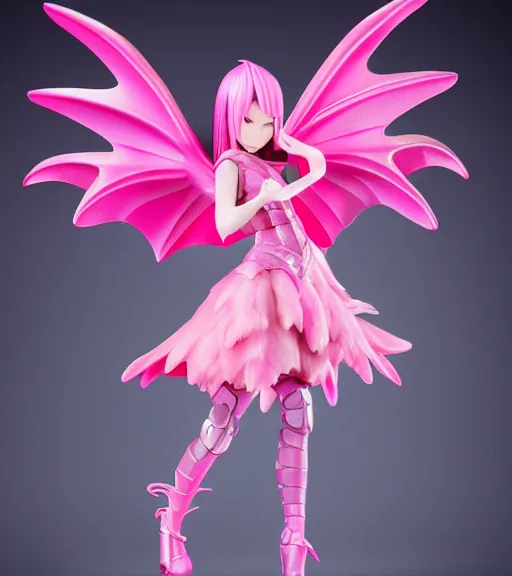 Prompt: accurate detailed pvc, figure of dragon girl with pink scales, wearing a pink dress, giant wings, figurine!!!, studio lighting, grey background, no shadow, trending on artstation, 4 k, sharp!!!