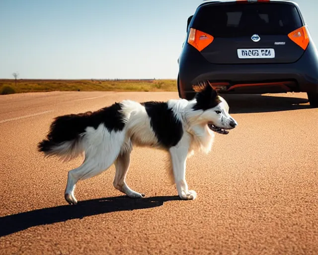 Prompt: border collie dog in the driver's seat of an orange nissan note, paws on wheel, car moving very fast, rally driving photo, award winning photo, golden hour, front of car angle, extreme horizontal background blur, 3 0 0 mm lens