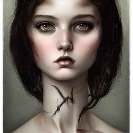 Image similar to a beautiful single lonely dollpunk female posing, detailed, realistic eyes, symmetry body features proportions, award winning, by Tom Bagshaw