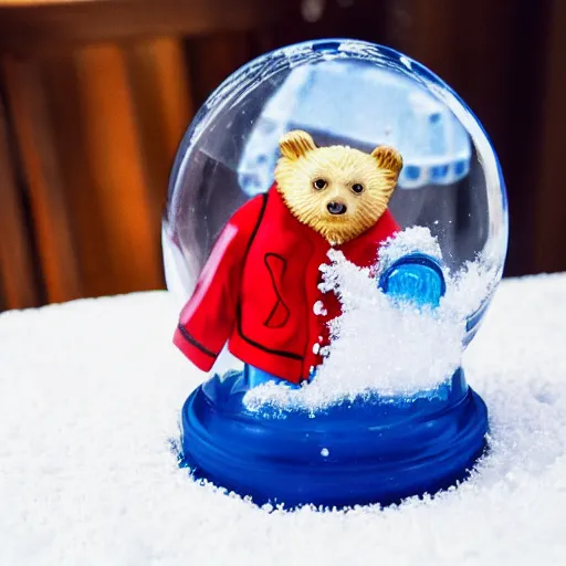 Prompt: paddington bear trying to escape from the inside of a snow globe