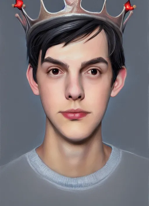 Image similar to portrait of teenage jughead jones wearing a light grey crown, photorealistic, crown, sweater with letter s on it, hamburger, eyes closed, crown, black hair, intricate, elegant, glowing lights, highly detailed, digital painting, artstation, concept art, smooth, sharp focus, illustration, art by wlop, mars ravelo and greg rutkowski