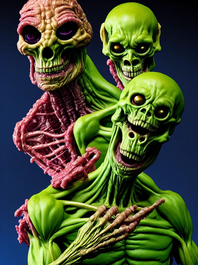 Image similar to hyperrealistic rendering, cronenberg flesh monster skeletor by art of skinner and richard corben and jeff easley, product photography, action figure, sofubi, studio lighting, colored gels