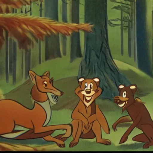 Image similar to 1940s disney film about talking forest animals super high detail