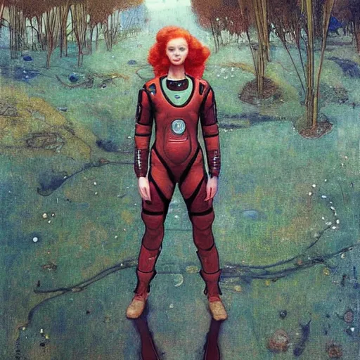 Image similar to beautiful woman with red hair in spacesuit, lost in the martianMartian forest at dusk, by Edgar Maxence and Ross Tran and Michael Whelan and Gustav Klimpt