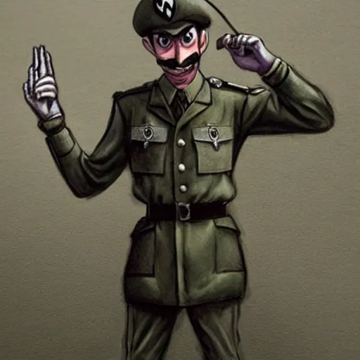 Prompt: waluigi as a nazi soldier during ww2, realistic, detailed, gloomy, elegant, uniform, strict, realistic, concept art, smooth, sharp focus, intricate details, 4K