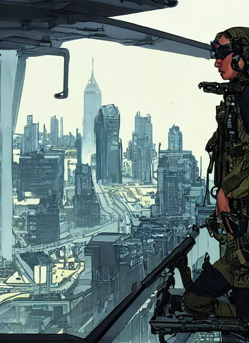 Image similar to Dinah. USN special forces operator looking at city skyline. Futuristic stealth suit. mgs and rb6s Concept art by James Gurney, Alphonso Mucha, matt rhodes.