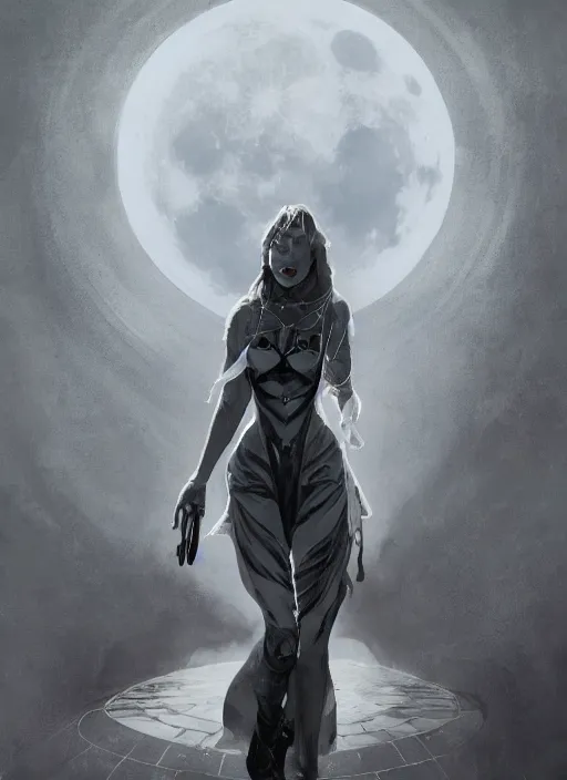 Image similar to at the top of the composition is a symmetrical centered portrait of Anna Millerstone as a Dark evil witch, big moon in the background, at the bottom of the composition is grey space, dramatic lighting, book cover illustration by Greg rutkowski, yoji shinkawa, 4k, digital art, concept art, trending on artstation, golden silver elements, empty grey space at the top, flower elements