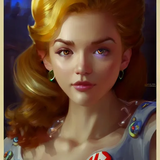 Image similar to super mario as a pretty girl, old man bowser in the background, highly detailed, digital painting, artstation, illustration, art by artgerm and greg rutkowski and alphonse mucha