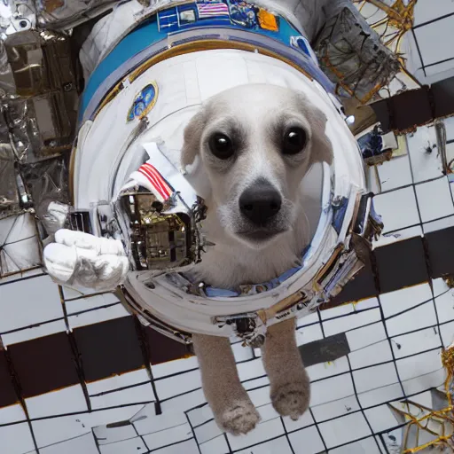 Image similar to astronaut dog repairing the outside of the international space station, photo, detailed, 4k