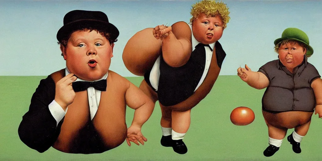 Image similar to Chunk doing the truffle shuffle in the style of Rene Magritte,