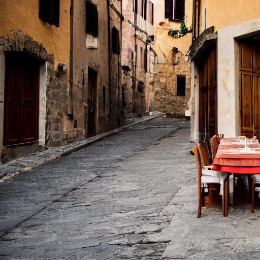 Prompt: A glass of red wine on a table in a deserted town in Tuscany.