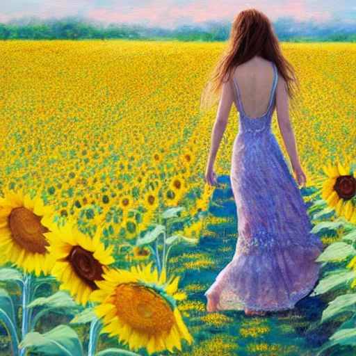 Image similar to a girl in really long dress slowly walking through amazing tall sunflower field, hair flowing, early morning lighting, elegant, subtle, intricate details, real masterpiece, oil on canvas, by somsak anong