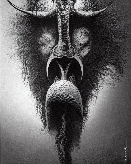 Image similar to a creature with the body and eyes of a man, with the beak of an eagle, the mane of a lion, and the horn of a bull. drawn by moebius and zdzislaw beksinski