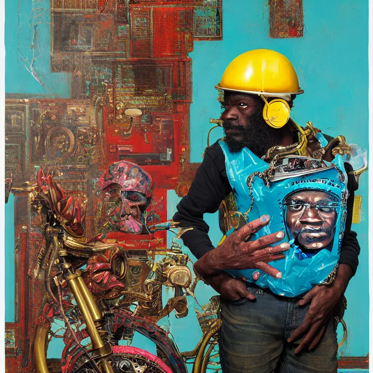 Image similar to portrait of a caribbean welder in ornate motorcycle helmet, background turquoise plastic bag, circuitboard, rich deep colors, ultra detail, by francis bacon, james ginn, petra courtright, jenny saville, gerhard richter, zdzisaw beksinsk, takato yamamoto. stanley kubrick mood, masterpiece, elegant, studio ighting, 3 5 mm