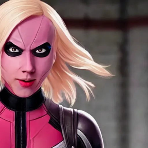 Image similar to A still of Gwenpool in Deadpool 3 (2023), no mask, blonde hair with pink highlights