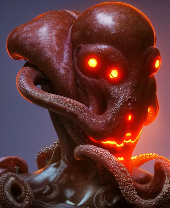 Image similar to a humanoid with an octopus head and man body with several glowing eyes, 4 k resolution, detailed, 3 d render, unreal engine, octane render, trending on artstation