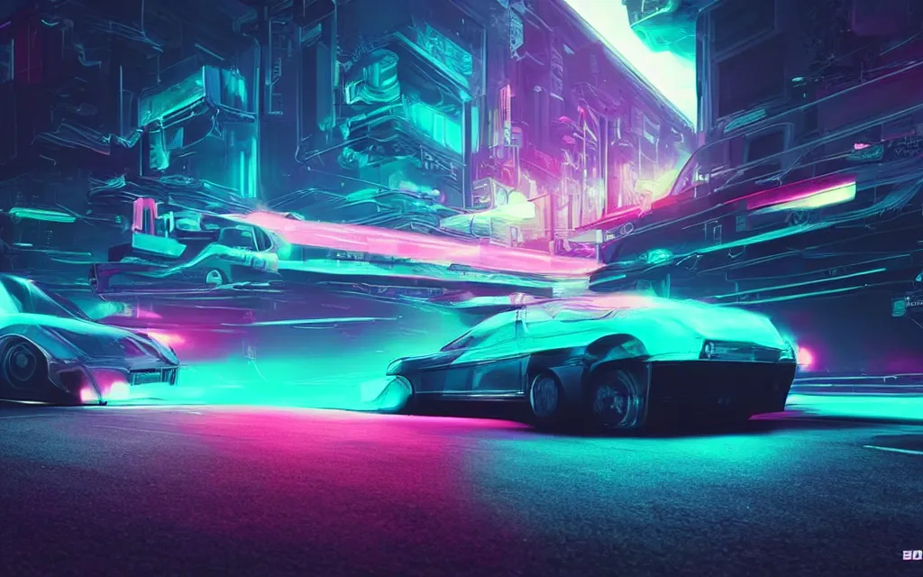 Prompt: a car drifting on a neon road, digital art by beeple, in the style of retrowave