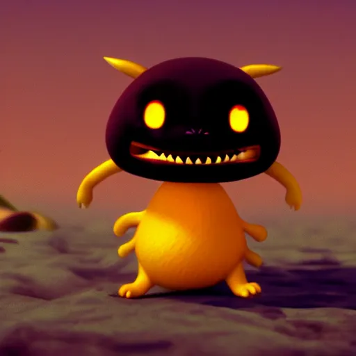 Image similar to final render made with blender of a cute yellow and orange kawaii demon with slow eyes and little fangs standing on a beach, by pixar and studio ghibli