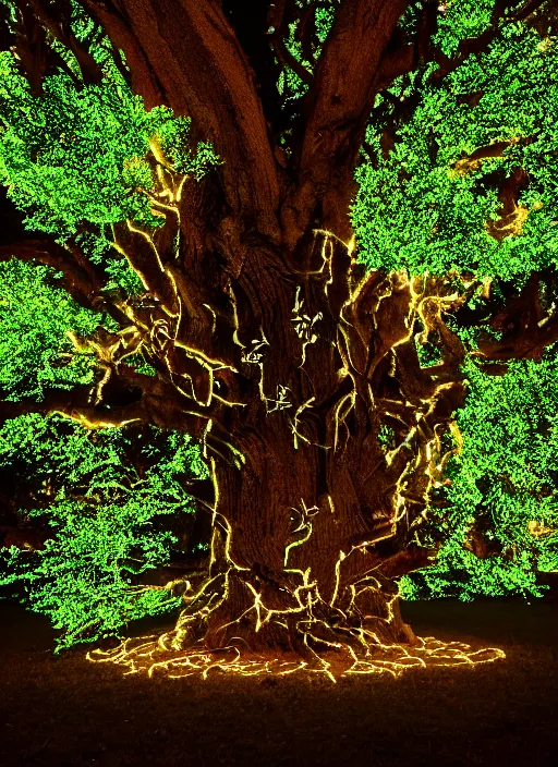 Prompt: very old huge oak tree with fluorescent glowing sigils on bark, glowing metallic leaves