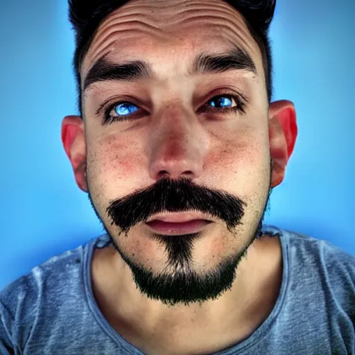 Image similar to fish eye lens close up photograph of a man with blue skin and a goatee side eyeing the camera with a sympathetic look