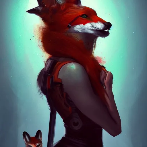 Image similar to midjourney :: a painting of a woman with a fox on her head, cyberpunk art by Sam Spratt, featured on Artstation, furry art, darksynth, artstation hd, 2d game art