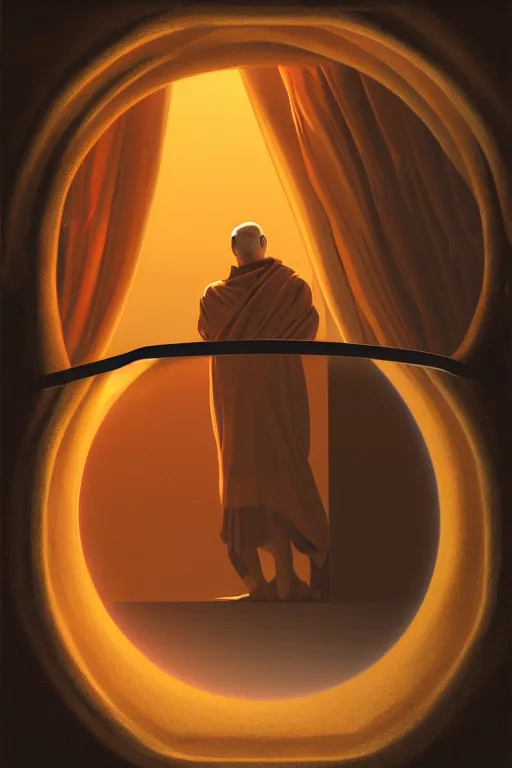 Image similar to portrait of a monk in a spaceship, looking out of a round window at nebula, orange robe, dramatic lighting, artstation, matte painting, ralph mcquarrie