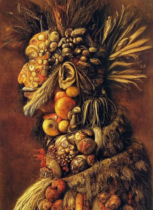 Prompt: a surreal painting of a shaman's profile face, by Giuseppe Arcimboldo, symbolist, soft colors, dramatic lighting, smooth, sharp focus, extremely detailed, aesthetically pleasing composition